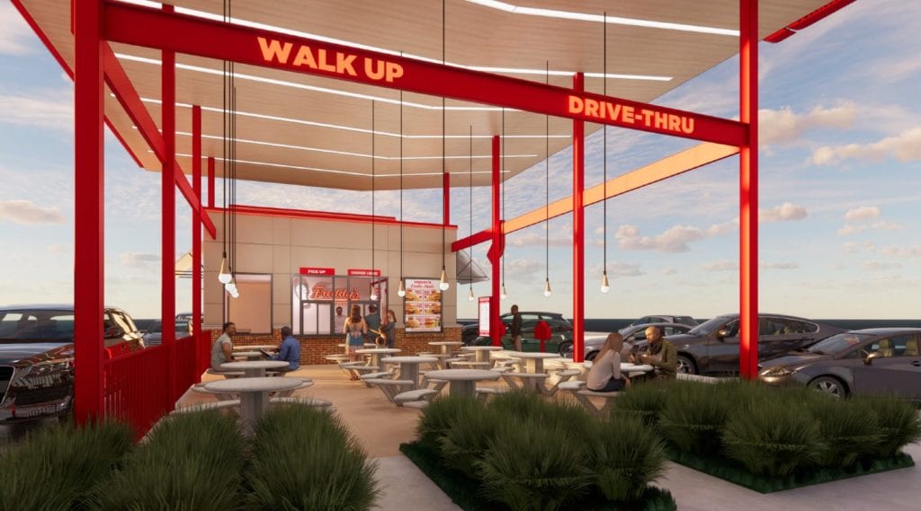 Freddy's new prototype option with double drive-thru and a walk-up ordering station