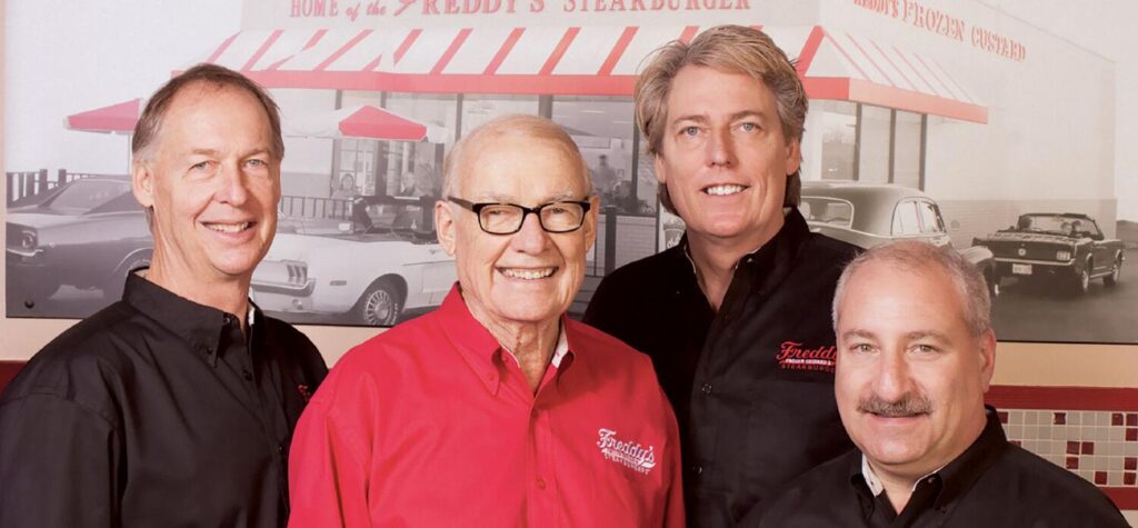 Freddy’s founders, from left, are Randy, Freddy and Bill Simon, and Scott Redler.